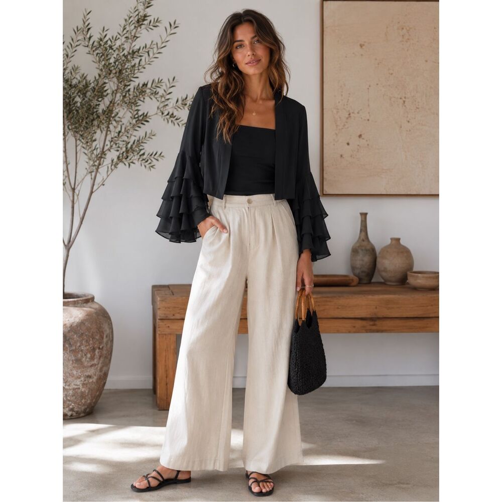 Tommy Hilfiger Black Ruffle Exaggerated Bell Sleeve Cropped Cardigan Sz L